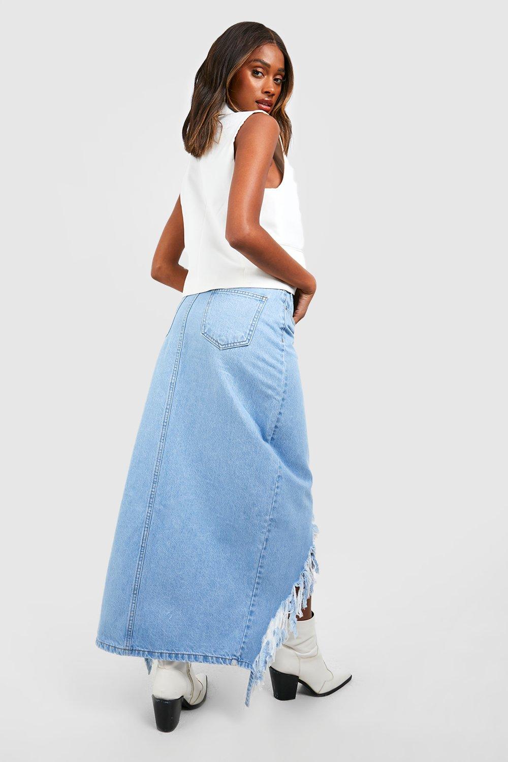 Women s Ripped Split Detail Denim Maxi Skirt Boohoo UK